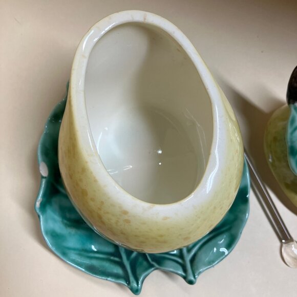 Vtg 50s Ceramic Pear Jam Pot or Condiment Dish with Lid+Spoon 4" Japan - Picture 7 of 9